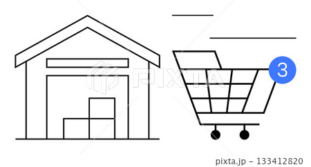 Warehouse with boxes indicating storage and inventory beside a shopping cart with a notification for three items. Ideal for e-commerce, logistics, inventory, shopping, online retail, supply chain Warehouse with boxes indicating storage and inventory beside a shopping cart with a notification for three items. Ideal for e-commerce, logistics, inventory, shopping, online retail, supply chain 133412820