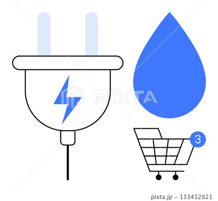 Power plug with lightning bolt, blue water droplet, and shopping cart with notification icon. Ideal for energy conservation, sustainable living, digital commerce, technology, utilities, modern Power plug with lightning bolt, blue water droplet, and shopping cart with notification icon. Ideal for energy conservation, sustainable living, digital commerce, technology, utilities, modern 133412821