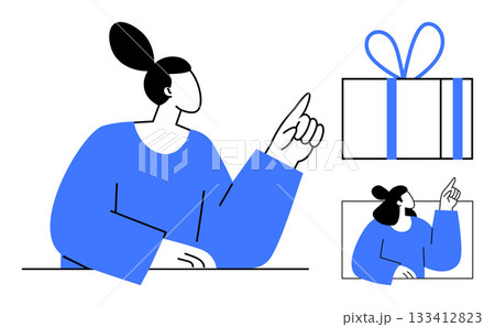 Woman pointing at a large gift box with blue ribbon. Ideal for holiday promotions, gift ideas, celebrations, party invitations, marketing materials, social media graphics, and customer rewards. Line 133412823