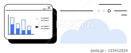Bar graph interface with blue data bars in a computer window beside a light blue cloud. Ideal for data analysis, cloud computing, technology presentations, business reports, network strategy, tech 133412824