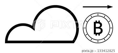 Cloud icon with arrow pointing to Bitcoin symbol within circular frame. Ideal for technology, fintech, cloud computing, digital investments, blockchain solutions, decentralized finance 133412825