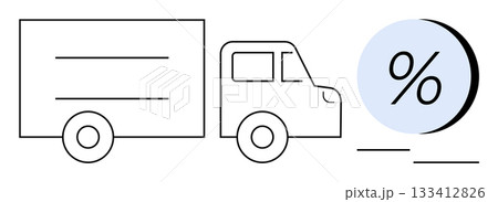 Outline of a delivery truck and a large percentage symbol suggesting discounts or savings. Ideal for logistics, shipping, e-commerce, delivery services, business promotions, cost savings, marketing Outline of a delivery truck and a large percentage symbol suggesting discounts or savings. Ideal for logistics, shipping, e-commerce, delivery services, business promotions, cost savings, marketing 133412826