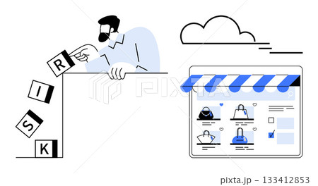 Businessman manipulating blocks spelling RISK beside online store interface with product images. Ideal for business, risk management, e-commerce, online shopping, cloud technology, strategy sessions 133412853