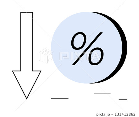 Downward arrow pointing left next to a blue circle with percentage symbol inside. Ideal for financial reports, economic trends, sales decrease, market analysis, budgeting, business planning, and risk Downward arrow pointing left next to a blue circle with percentage symbol inside. Ideal for financial reports, economic trends, sales decrease, market analysis, budgeting, business planning, and risk 133412862