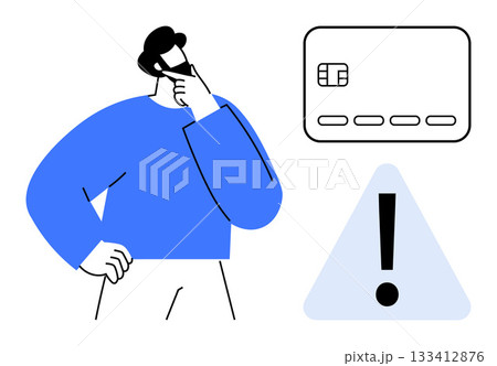 Thoughtful individual considering a credit card next to an exclamation point warning sign. Ideal for financial security, online shopping, fraud prevention, banking alerts, credit card management Thoughtful individual considering a credit card next to an exclamation point warning sign. Ideal for financial security, online shopping, fraud prevention, banking alerts, credit card management 133412876