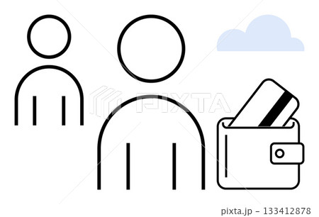 Human figures, wallet with credit card, and cloud icon. Ideal for finance, banking, digital payments, personal finance, online transactions business networks and cloud storage. Line metaphor Human figures, wallet with credit card, and cloud icon. Ideal for finance, banking, digital payments, personal finance, online transactions business networks and cloud storage. Line metaphor 133412878