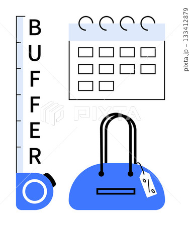 Buffer gauge, spiral calendar, and blue handbag with price tag on a white background. Ideal for time management, scheduling, budgeting, planning, measurement finance retail. Line metaphor 133412879
