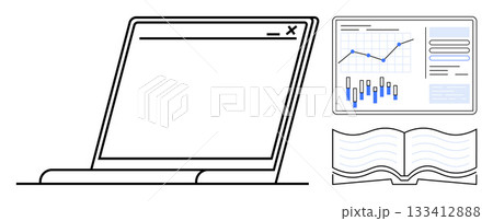 Laptop with open screen, detailed analytics chart showing data points and trends, open book. Ideal for technology, education, business analysis, digital learning, online research, data visualization Laptop with open screen, detailed analytics chart showing data points and trends, open book. Ideal for technology, education, business analysis, digital learning, online research, data visualization 133412888