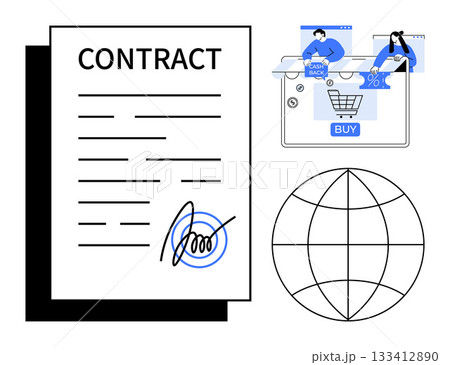 Contract with signed agreement, globe, and e-commerce symbols such as shopping cart and cashback offers. Ideal for business, digital transactions, online shopping, global trade, agreements 133412890