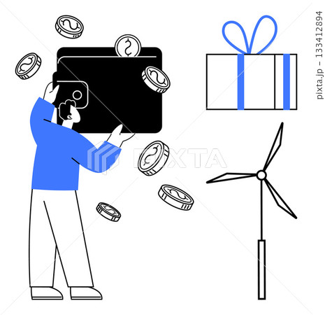 Person holding a large wallet with coins, wind turbine, and gift box. Ideal for finance, savings, renewable energy, gift-giving, investment eco-friendly concepts economic growth. Line metaphor 133412894