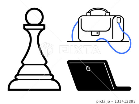 Chess pawn representing strategy, briefcase symbolizing business and portability, and laptop indicating technology and work. Ideal for strategy, business planning, corporate branding, tech startups Chess pawn representing strategy, briefcase symbolizing business and portability, and laptop indicating technology and work. Ideal for strategy, business planning, corporate branding, tech startups 133412895