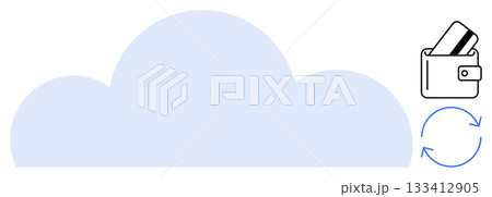 Cloud with wallet holding cards and circular arrows representing transaction cycles. Ideal for cloud storage, digital payments, financial transactions, technology services, e-commerce, fintech, data Cloud with wallet holding cards and circular arrows representing transaction cycles. Ideal for cloud storage, digital payments, financial transactions, technology services, e-commerce, fintech, data 133412905