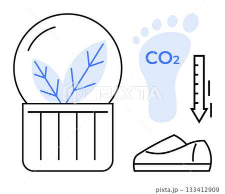 Leaf in glass dome connected to reduction graph, footprint labeled CO2, and eco-friendly shoe. Ideal for environmental sustainability, clean energy, carbon reduction, eco-friendly products, green 133412909