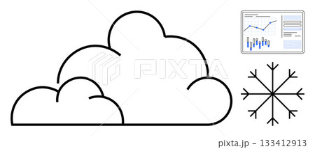 Cloud with snowflake icon and an analytics chart displaying various graphs. Ideal for weather forecasting, meteorology, data analysis, climate study, seasonal trends, environmental monitoring Cloud with snowflake icon and an analytics chart displaying various graphs. Ideal for weather forecasting, meteorology, data analysis, climate study, seasonal trends, environmental monitoring 133412913