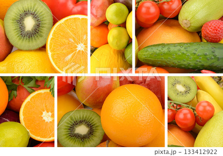 Assorted Fresh Fruits and Vegetables Collage Background 133412922