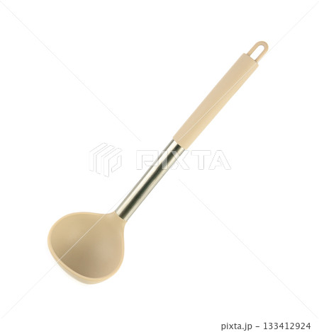Modern Beige Silicone Ladle with Stainless Steel Handle Isolated on White 133412924
