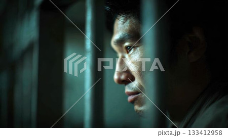 鉄格子越しに外の光を見つめる受刑者の切ない横顔 133412958