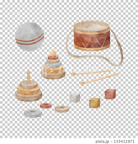 Vintage toys, drum, pyramid, cubes, ball. Watercolor illustration in retro children's style, isolated from background. Hand-drawn for greeting cards invitations nursery decor, baby birthdays christmas 133412971