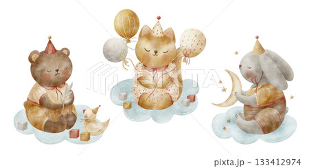 Watercolor animals bear, rabbit, fox on clouds, balloons, duckling, toy blocks moon. Illustration in vintage children's style isolated from background. Hand-drawn for greeting cards nursery baby party 133412974
