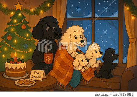 Cartoon Poodle Family Waiting for Santa Claus on Christmas Eve 133412995