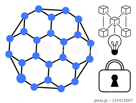 Blue nodes connected in spherical network, decentralized cubes, lightbulb representing idea, and lock icon. Ideal for technology, blockchain, innovation, security, networking decentralization Blue nodes connected in spherical network, decentralized cubes, lightbulb representing idea, and lock icon. Ideal for technology, blockchain, innovation, security, networking decentralization 133413007