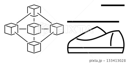 Blockchain network connected by lines beside artistic line drawing of a shoe. Ideal for technology, fashion, innovation, design, connection, network, and organization themes. Line metaphor Blockchain network connected by lines beside artistic line drawing of a shoe. Ideal for technology, fashion, innovation, design, connection, network, and organization themes. Line metaphor 133413028