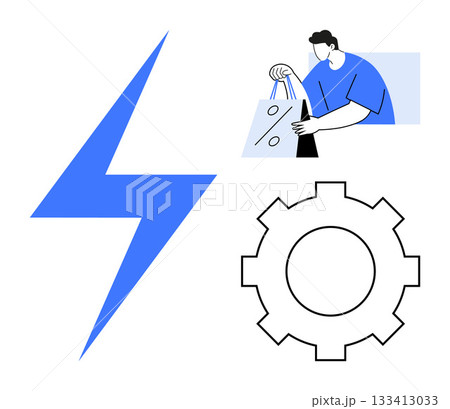 Man holding shopping bags with discount sign. Lightning bolt, gearwheel icons signify speed and efficiency. Ideal for retail, e-commerce, technology, automation, sales, customer service innovation 133413033