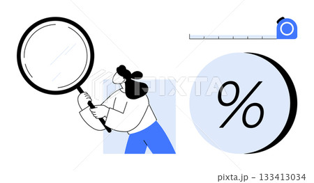Person examining percentage symbol with a magnifying glass, tape measure. Ideal for data analysis, financial planning, research, calculation, accuracy, growth measurement, business strategy. Line 133413034