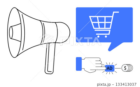 Megaphone, shopping cart inside speech bubble, hand clicking AD button with dollar sign. Ideal for digital marketing, e-commerce, online ads, consumer engagement, promotional strategy, business Megaphone, shopping cart inside speech bubble, hand clicking AD button with dollar sign. Ideal for digital marketing, e-commerce, online ads, consumer engagement, promotional strategy, business 133413037