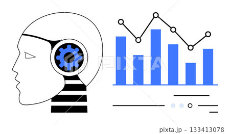 Human head with integrated gear symbolizing AI beside blue bar and line graph indicating data analysis. Ideal for technology, artificial intelligence, machine learning, data science, analytics Human head with integrated gear symbolizing AI beside blue bar and line graph indicating data analysis. Ideal for technology, artificial intelligence, machine learning, data science, analytics 133413078