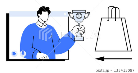 Person holding a trophy on video call screen symbolizing achievement. Nearby shopping bag with arrow pointing towards it. Ideal for remote success, achievements, online meetings, e-commerce, video Person holding a trophy on video call screen symbolizing achievement. Nearby shopping bag with arrow pointing towards it. Ideal for remote success, achievements, online meetings, e-commerce, video 133413087