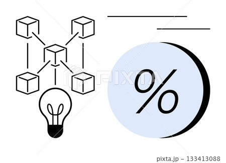 Light bulb connected to blockchain network, large percentage sign within a blue circle, and two lines. Ideal for finance, technology, innovation, blockchain, data analysis, digital economy 133413088