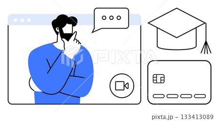 Man thinking during a video call, accompanied by a graduation cap and a credit card. Ideal for online learning, virtual classrooms, digital payment, education technology, e-commerce, remote study 133413089