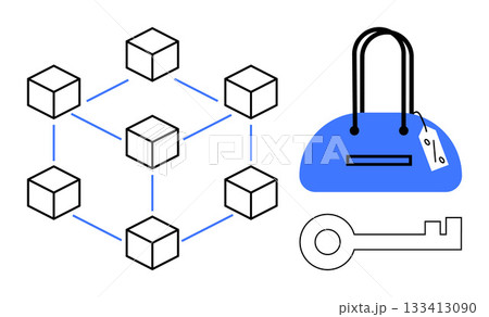 Network of connected cubes, blue handbag with price tag, and key. Ideal for e-commerce, blockchain, cybersecurity, online transactions, digital markets data security retail. Line metaphor 133413090