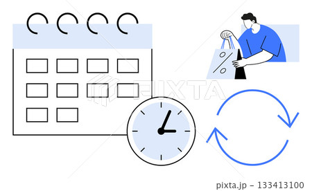 Calendar, clock, person holding shopping bags, and sync arrows. Ideal for scheduling, time management, retail, productivity reminders planning and shopping. Line metaphor Calendar, clock, person holding shopping bags, and sync arrows. Ideal for scheduling, time management, retail, productivity reminders planning and shopping. Line metaphor 133413100