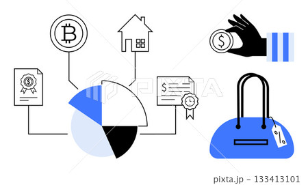 Pie chart connecting to Bitcoin, house, documents, and purse. Hand holding coin. Ideal for finance, investment, cryptocurrency, real estate wealth management asset allocation economic education Pie chart connecting to Bitcoin, house, documents, and purse. Hand holding coin. Ideal for finance, investment, cryptocurrency, real estate wealth management asset allocation economic education 133413101
