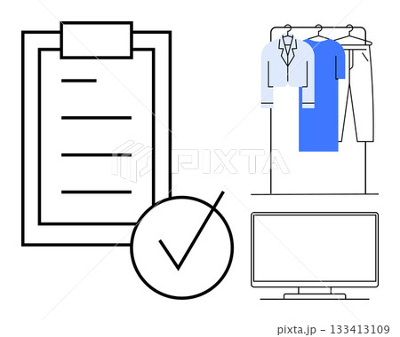 Task checklist with a completed checkmark, a wardrobe with hanging clothes, and a TV monitor. Ideal for productivity, organization, planning, time management, office home lifestyle. Line metaphor Task checklist with a completed checkmark, a wardrobe with hanging clothes, and a TV monitor. Ideal for productivity, organization, planning, time management, office home lifestyle. Line metaphor 133413109