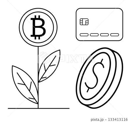 Plant with Bitcoin symbol, a credit card, and a dollar coin emphasizing digital currency, growth, and financial technology. Ideal for illustrating fintech, investments, e-commerce, savings 133413116