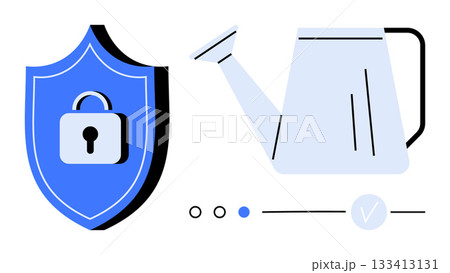 Blue shield with a lock beside a watering can, checkmark, and toggle switch. Ideal for growth, security, protection, nurturing, digital safety gardening themes. Line metaphor Blue shield with a lock beside a watering can, checkmark, and toggle switch. Ideal for growth, security, protection, nurturing, digital safety gardening themes. Line metaphor 133413131