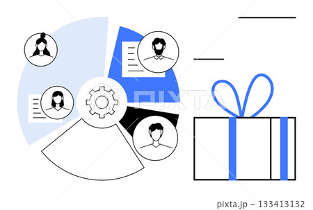 Team collaboration diagram with four member icons around segmented chart, gear in center, and gift box on the side. Ideal for project planning, teamwork, communication, office culture, rewards, HR Team collaboration diagram with four member icons around segmented chart, gear in center, and gift box on the side. Ideal for project planning, teamwork, communication, office culture, rewards, HR 133413132