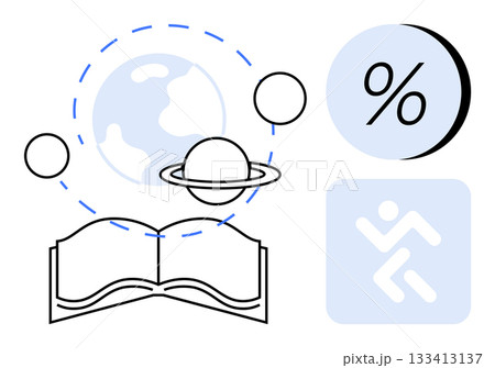 Open book beneath planetary system, percentage symbol, and running icon. Ideal for education, science, math, physical education, study, knowledge, and exploration. Line metaphor 133413137