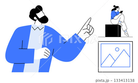 Large bearded person gestures, while a smaller person on a cube is engrossed with a phone and a framed picture of mountains and sun. Ideal for communication, technology, creativity, motivation 133413138