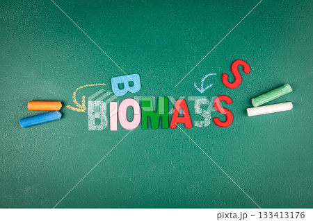Biomass Energy Concept with Colorful Letters on Green Chalkboard Biomass Energy Concept with Colorful Letters on Green Chalkboard 133413176