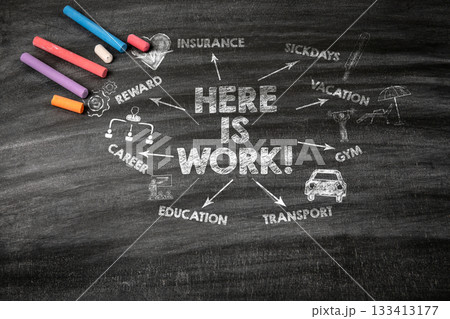 Here Is Work Concept. Black scratched textured chalkboard background Here Is Work Concept. Black scratched textured chalkboard background 133413177