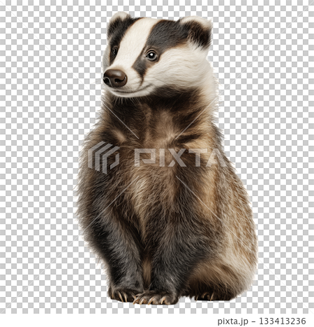 Badger Sitting Calmly With Distinctive Fur in a Neutral Setting 133413236