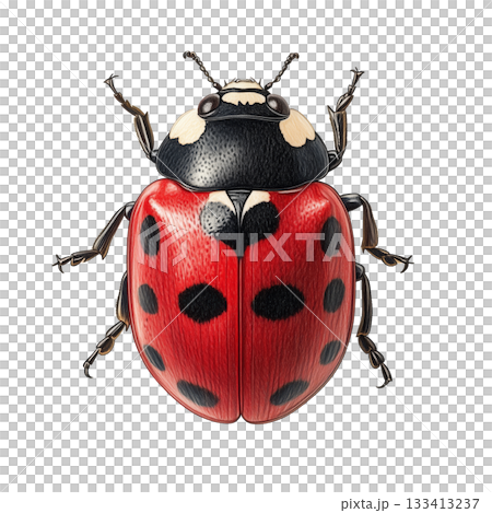 Bright Red Ladybug With Black Spots Resting on a White Background 133413237