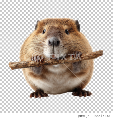 Funny Animal Holding a Stick With Fluffy Fur and Big Round Body 133413238