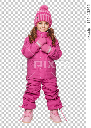 Cute Girl in Pink Winter Outfit Ready for Snow Fun Outside in Winter Sunlight 133413266