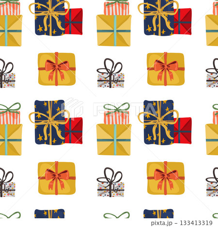 Seamless pattern of presents with bows on them on a white background. Seamless pattern of presents with bows on them on a white background. 133413319