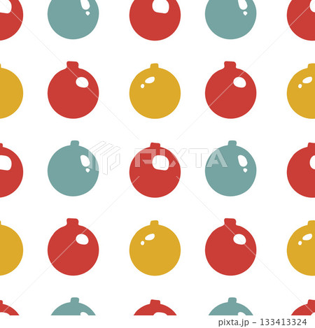 Seamless pattern of Christmas ornaments in various colors and sizes on a white background. Seamless pattern of Christmas ornaments in various colors and sizes on a white background. 133413324